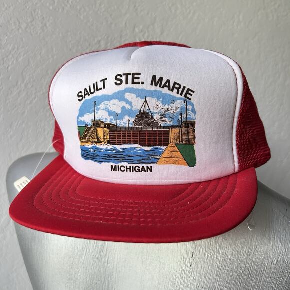 Vtg Michigan Sault Ste Marie Trucker Hat Mesh Snapback Red White *flaws - Picture 1 of 10
